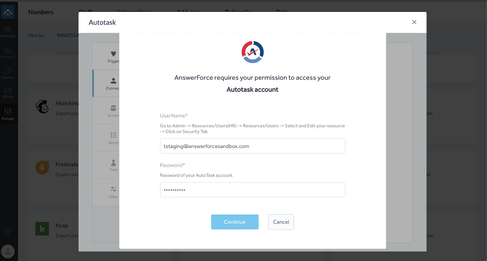 step four of integrating AnswerForce with Autotask