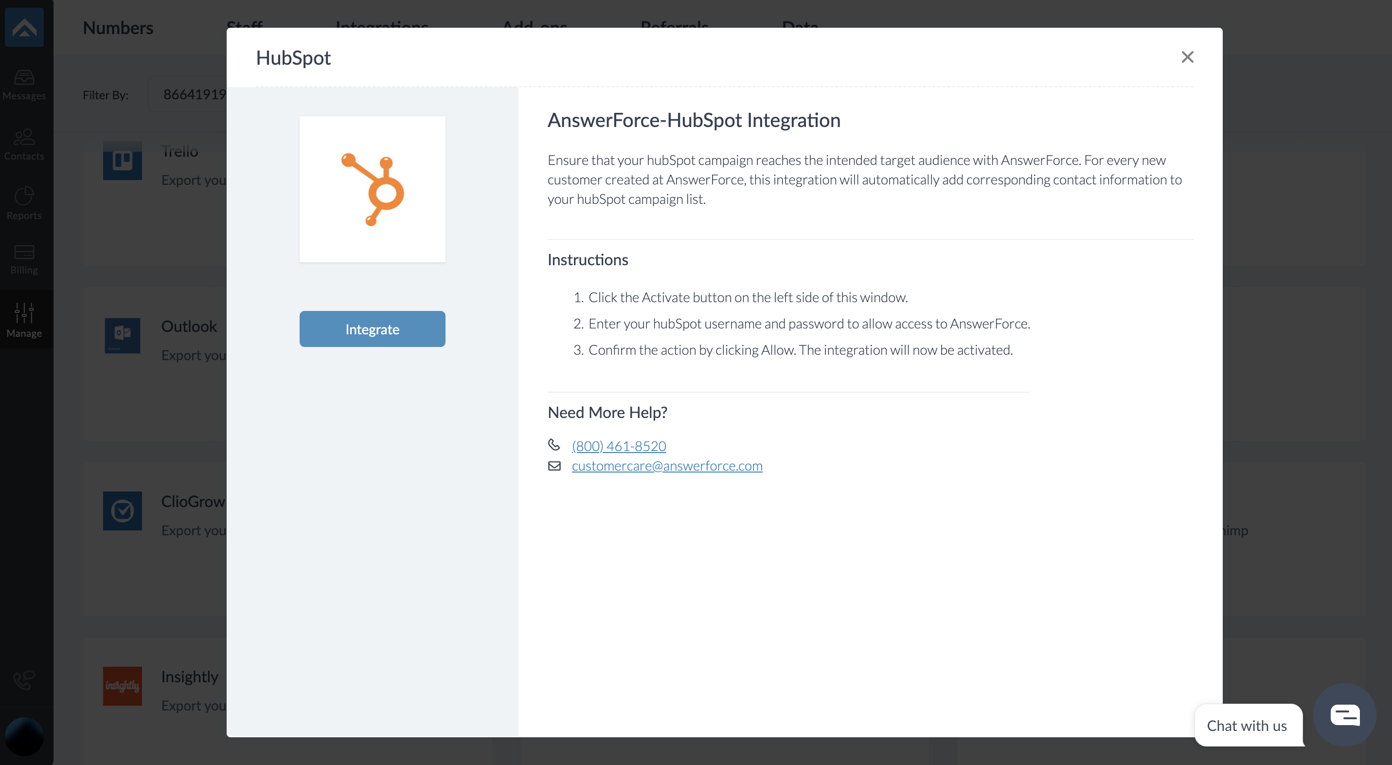 step two of integrating AnswerForce with Hubspot