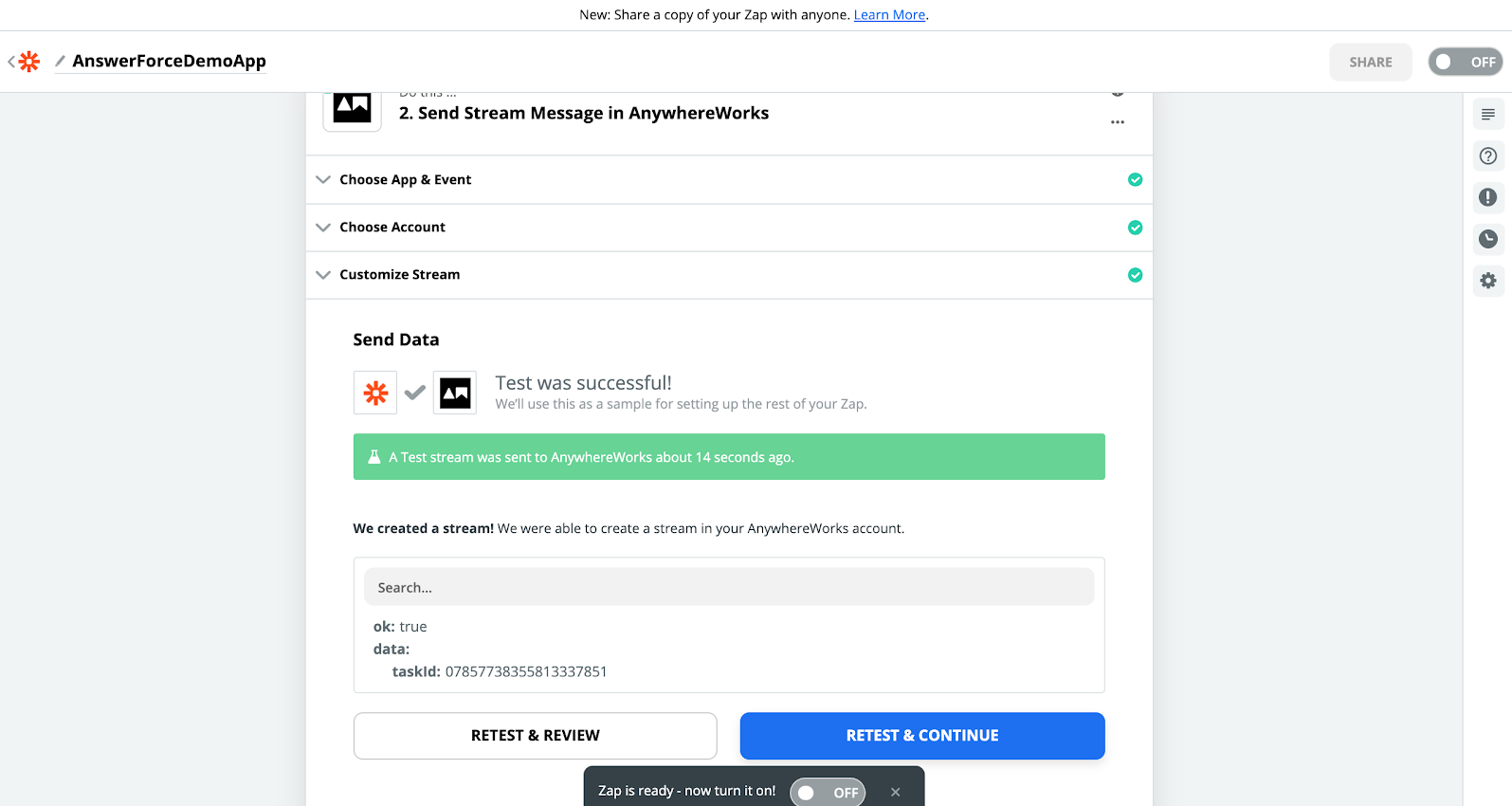 step twelve of integrating AnswerForce with zapier