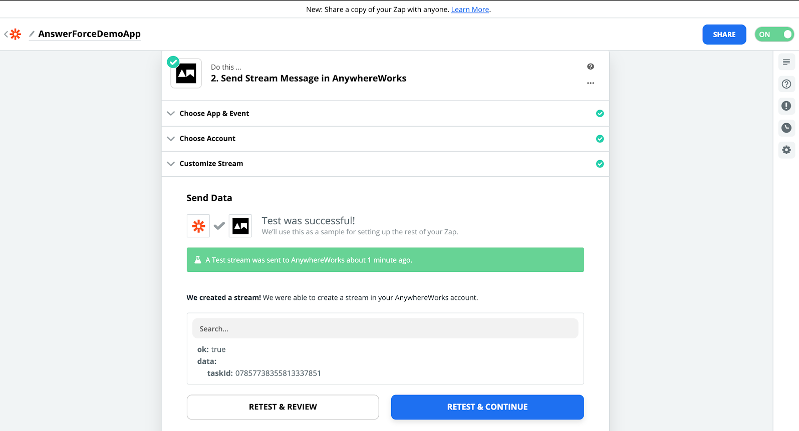 step thirteen of integrating AnswerForce with zapier