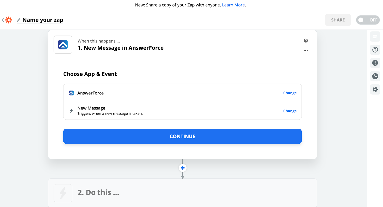 step two of integrating AnswerForce with zapier