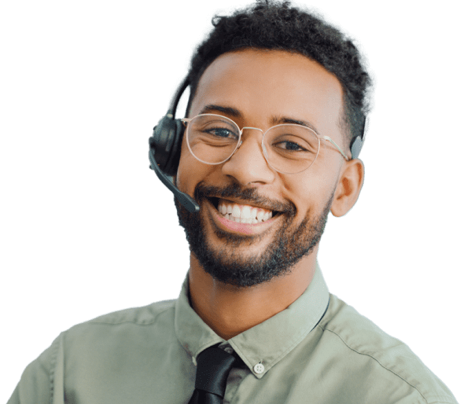 a smiling receptionist wearing headphones