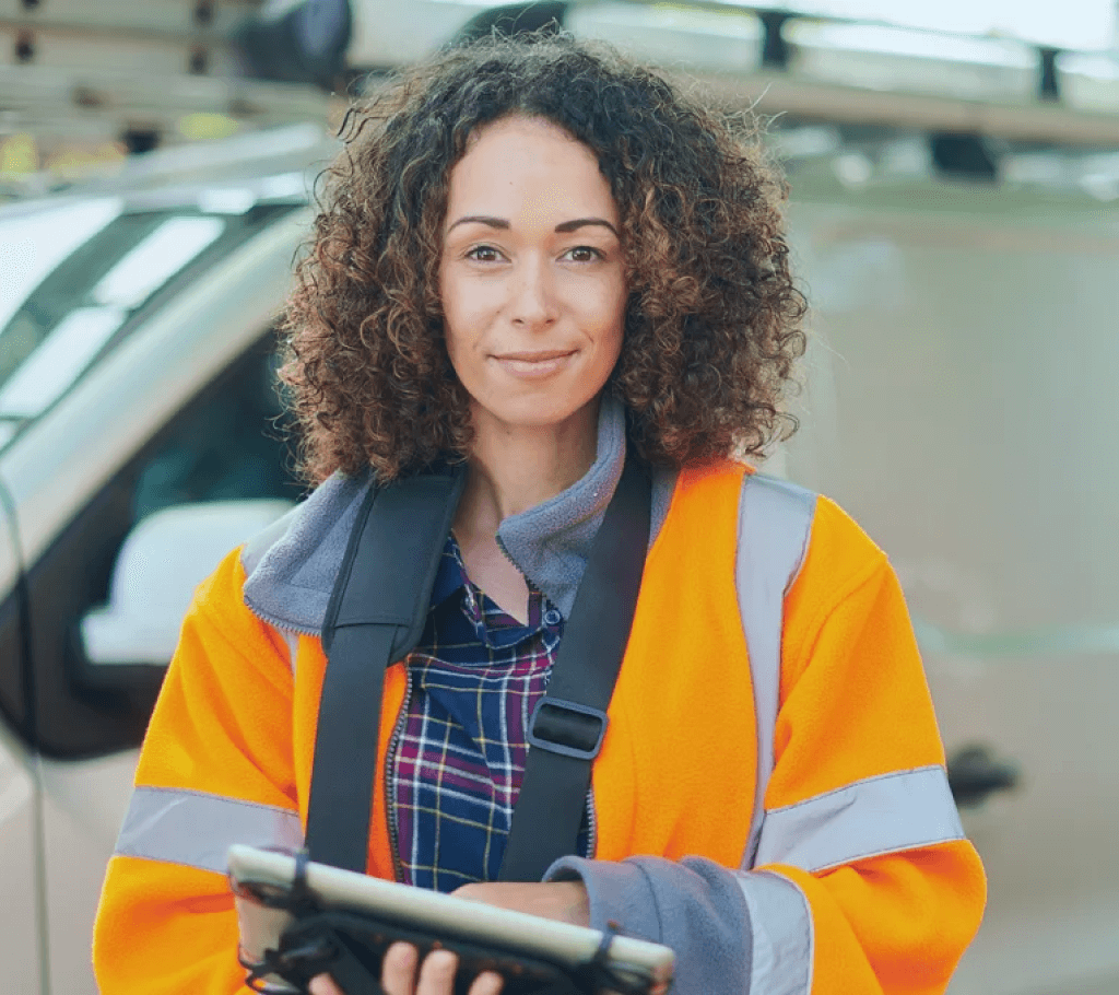 A curly haired woman from HVAC industry smiling at the camera
